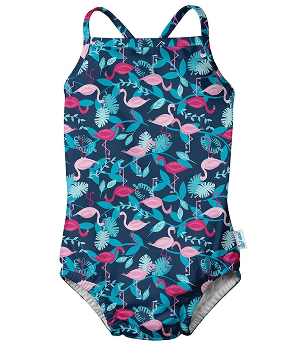 I Play. By Green Sprouts Girls' Flamingos One Piece Swimsuit W/Built-In Swim Diaper Baby - Navy 6 Months - Swimoutlet.com
