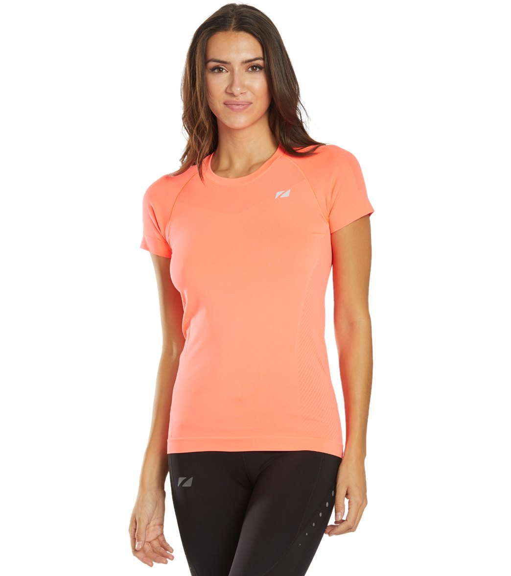 Zone3 Women's Seamless Compression Short Sleeve Top - Neon Coral Large Polyester - Swimoutlet.com