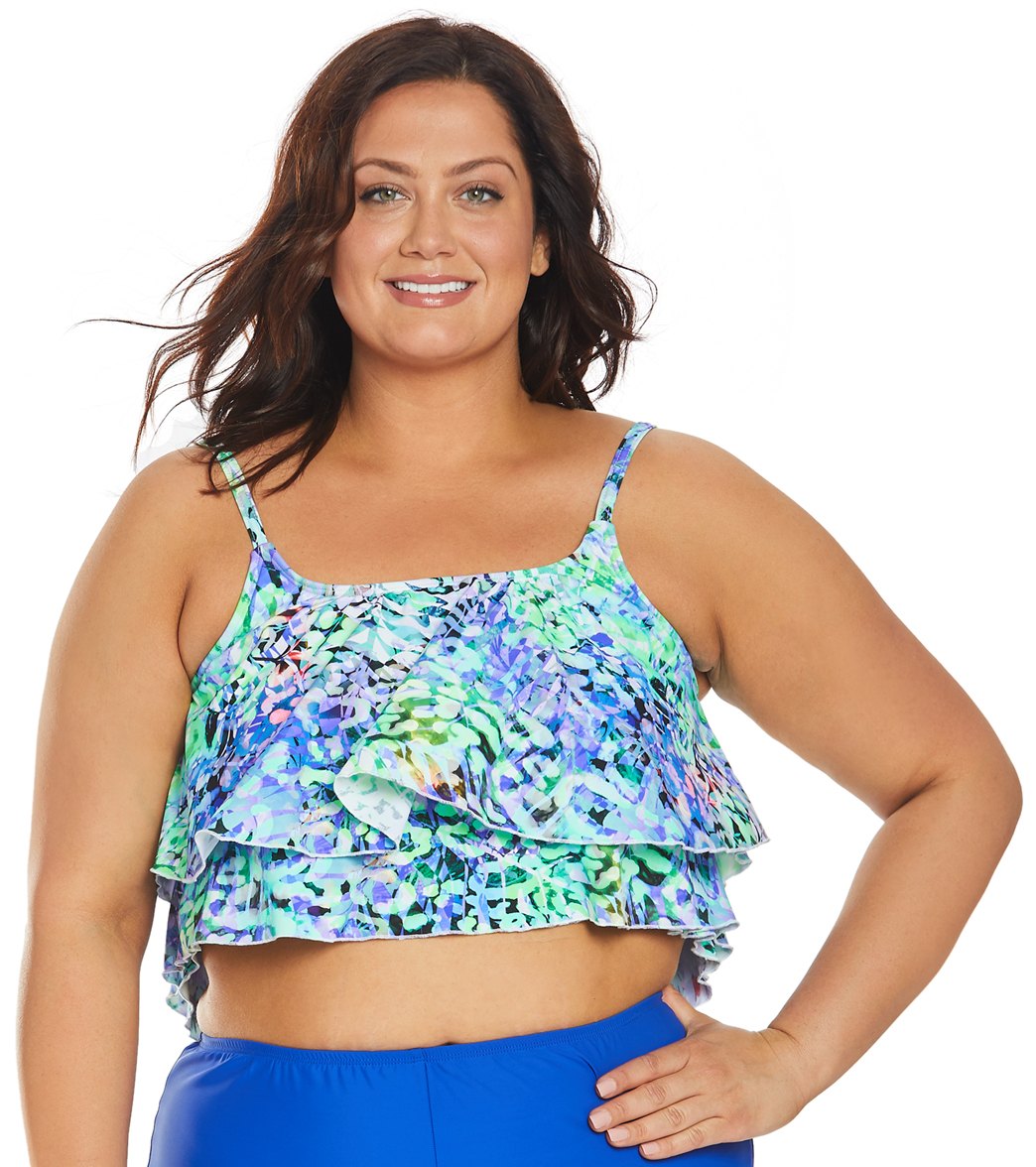 Topanga Plus Size Mastectomy Caribbean Colors Triple Tier Tankini Top - 24W - Swimoutlet.com