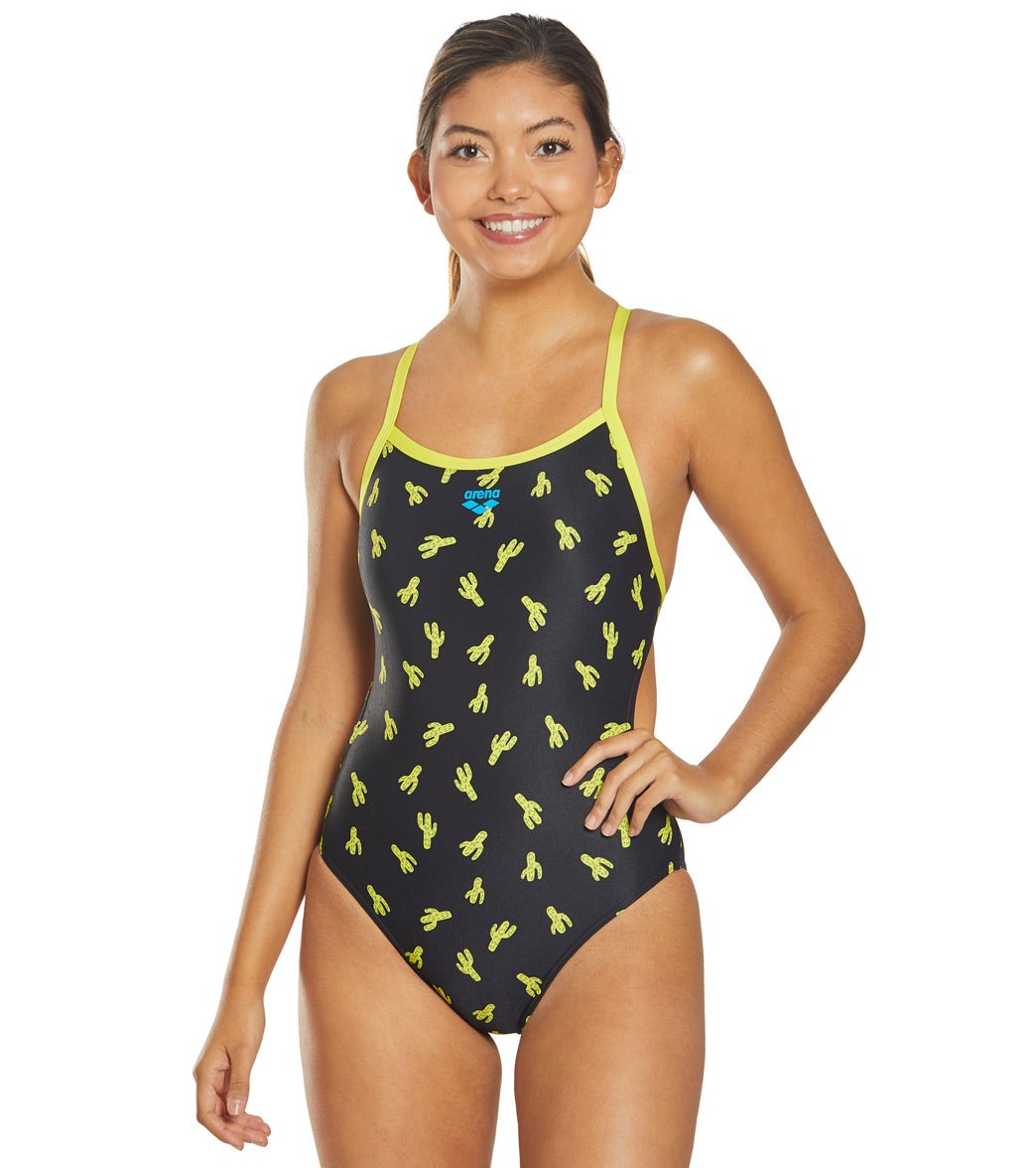Arena Women's Cactus Challenge Back One Piece Swimsuit - Black/Yellow Star 24 Polyester - Swimoutlet.com