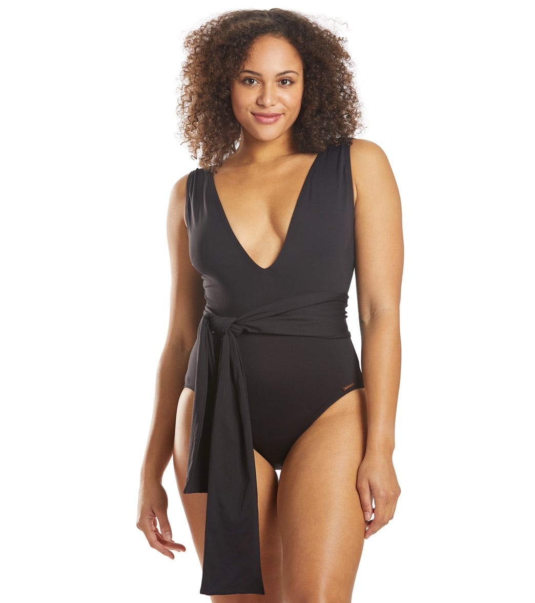 Vince Camuto Tropic Tones Belted Plunge One Piece Swimsuit - Black 4 - Swimoutlet.com