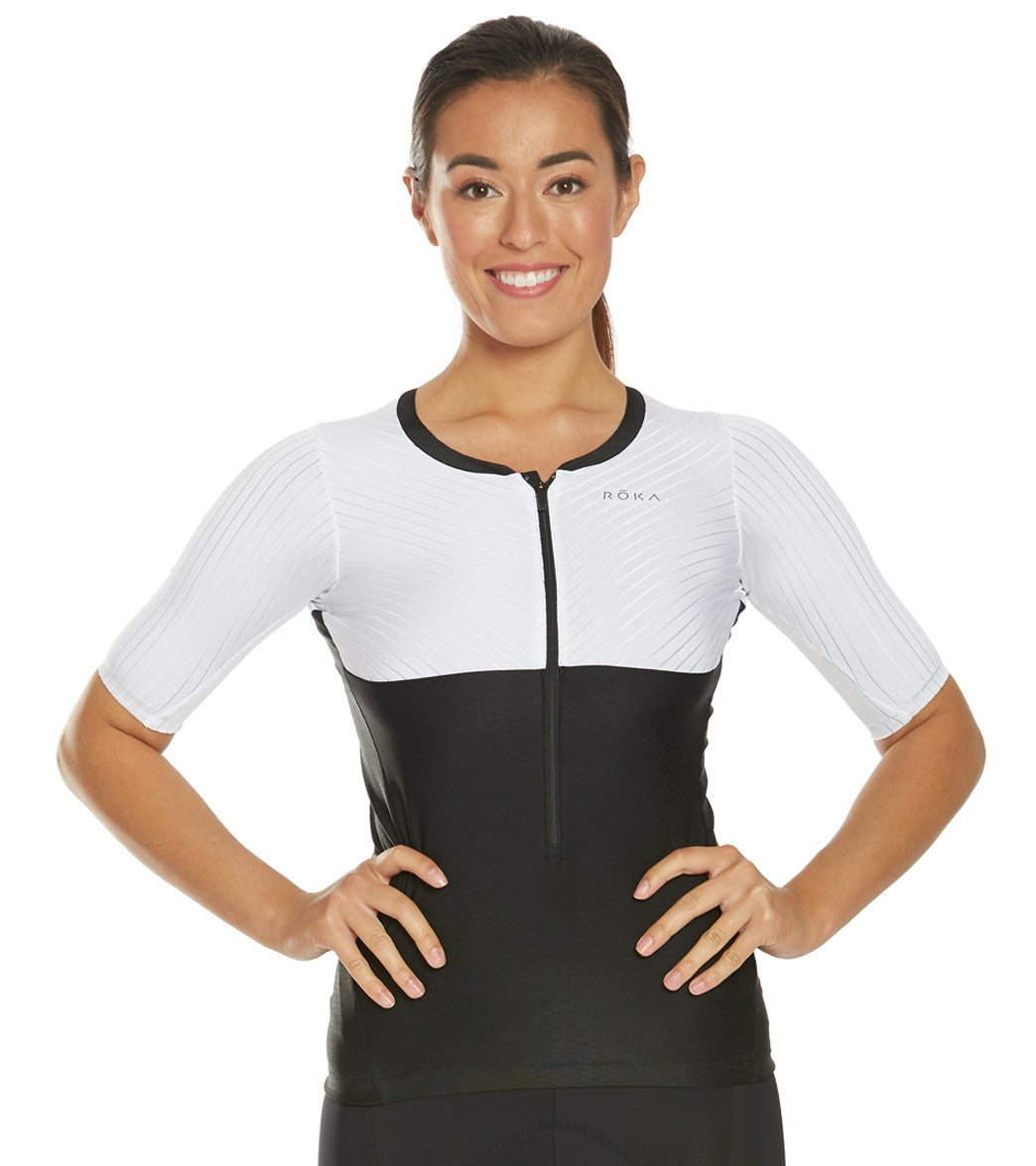 Roka Women's Elite Aero Ii Short Sleeve Tri Top - Black/White X-Small - Swimoutlet.com