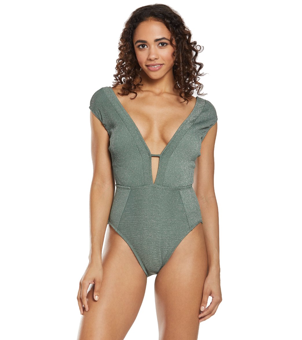 Kenneth Cole Luxury Rib Plunge One Piece Swimsuit - Olive Xl - Swimoutlet.com