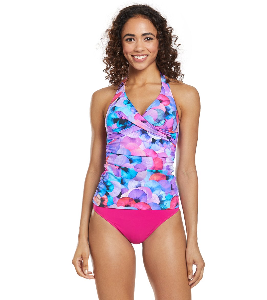 Profile By Gottex Pocket Full Of Poises Floral Halter Tankini Top - Red/Blue/Multi 14 Elastane/Polyamide - Swimoutlet.com