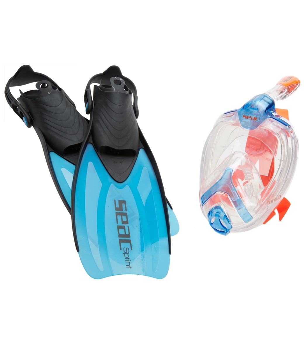 Seac Usa Unica Full Face Snorkeling Mask And Sprint Fin Set - Blue X-Small/Small - Swimoutlet.com