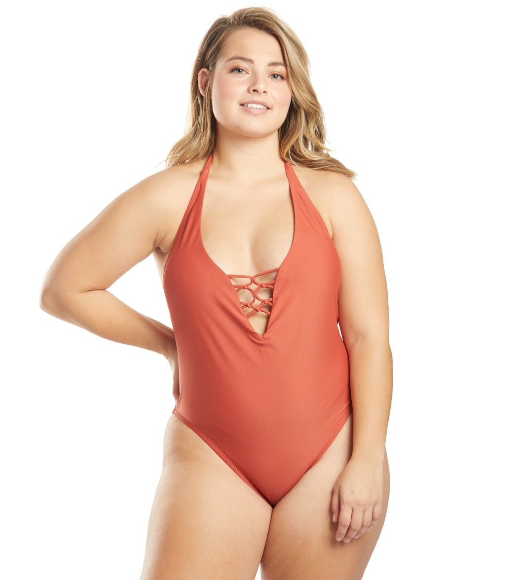 Volcom Plus Size Simply Solid One Piece Halter Swimsuit - Burnt Red 16W - Swimoutlet.com