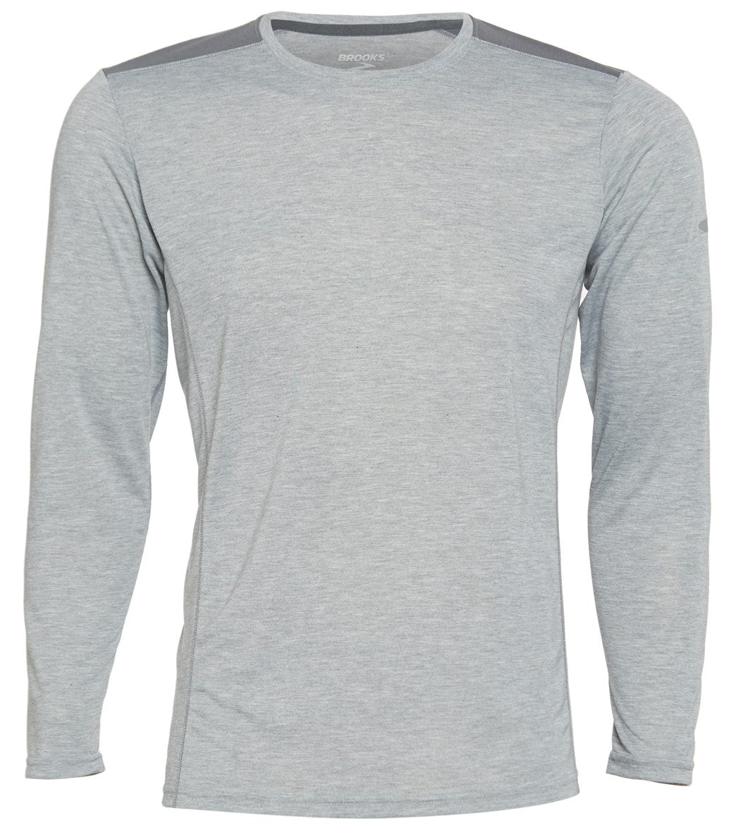 Brooks Men's Distance Long Sleeve Shirt - Heather Ash/Asphalt Small Size Small - Swimoutlet.com