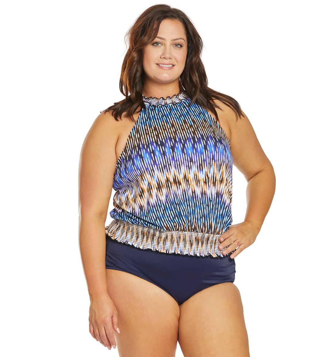 Fit4U Plus Size Sand N Sea Blouson Tankini Top - Blue 22W - Swimoutlet.com