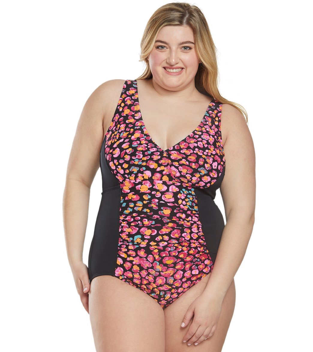 Dolfin Women's Plus Size Aquashape Print V-Neck Front Panel Chlorine Resistant One Piece Swimsuit - Jag 16 - Swimoutlet.com