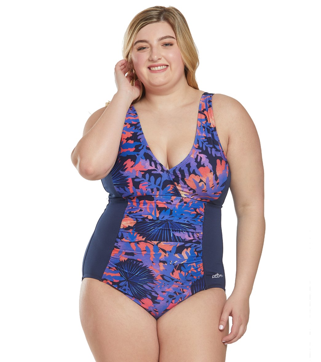 Dolfin Women's Plus Size Aquashape Isla V-Neck Front Panel One Piece Chlorine Resistant Swimsuit - 16 - Swimoutlet.com