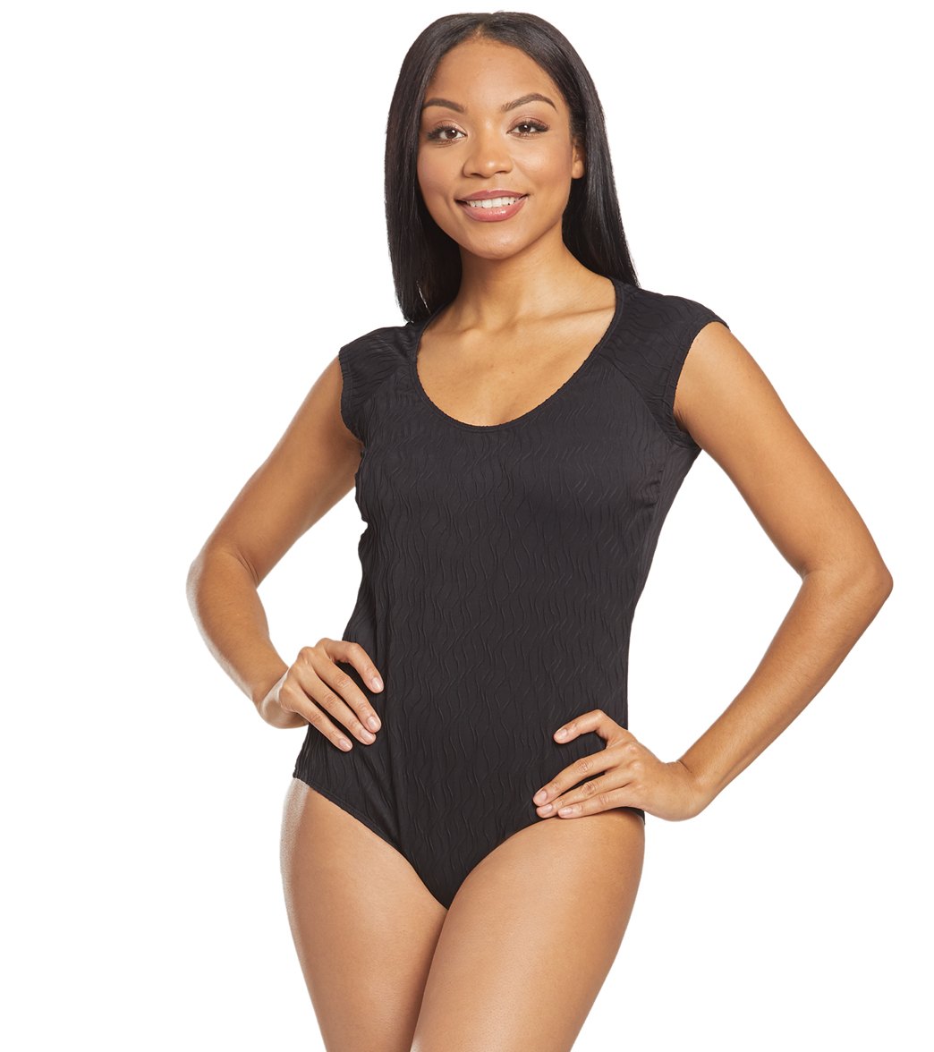 Athena Wave After Short Sleeve One Piece Swimsuit - Black 12 - Swimoutlet.com