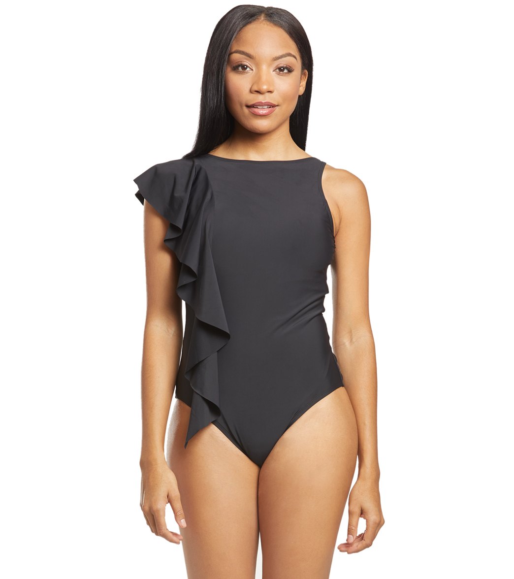 Athena Samba Solids Ruffle One Piece Swimsuit - Black 14 - Swimoutlet.com