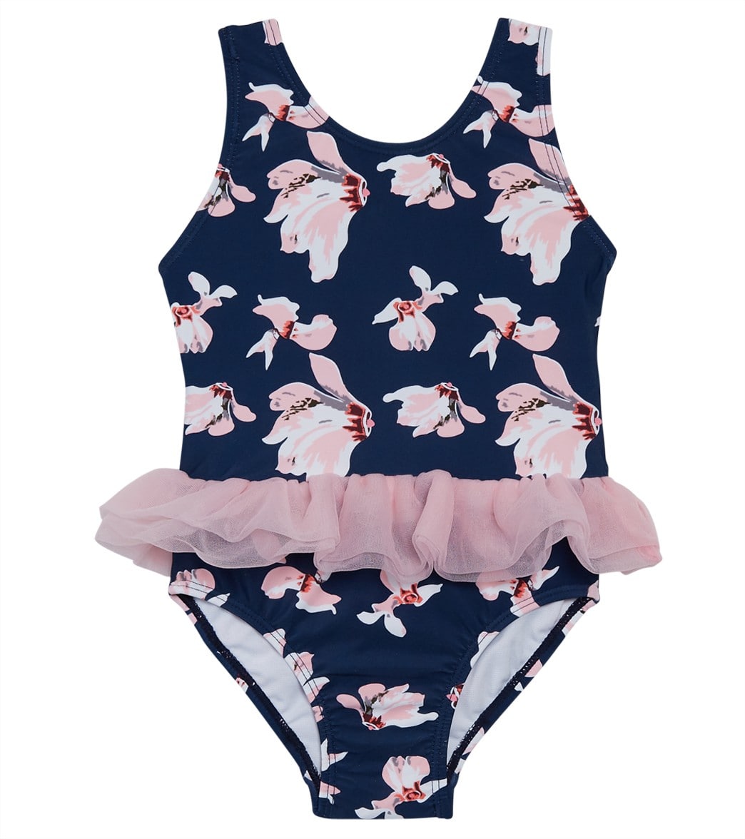 Snapper Rock Girls' Navy Orchid Tulle Skirt One Piece Swimsuit Baby - 12-18 Months Nylon/Spandex - Swimoutlet.com