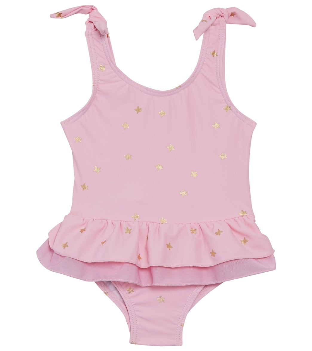 Snapper Rock Girls' Pink Gold Star Frill Skirt Swimsuit Baby - 12-18 Months Polyamide/Elastane - Swimoutlet.com
