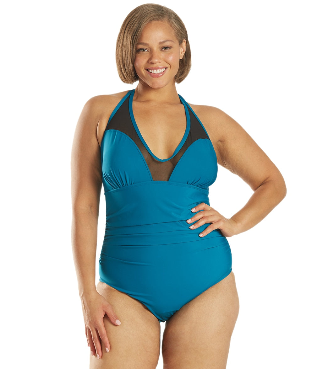 Speedo Plus Size V-Neck Mesh One Piece Swimsuit - Caribbean Sea 16 Polyester/Pbt - Swimoutlet.com