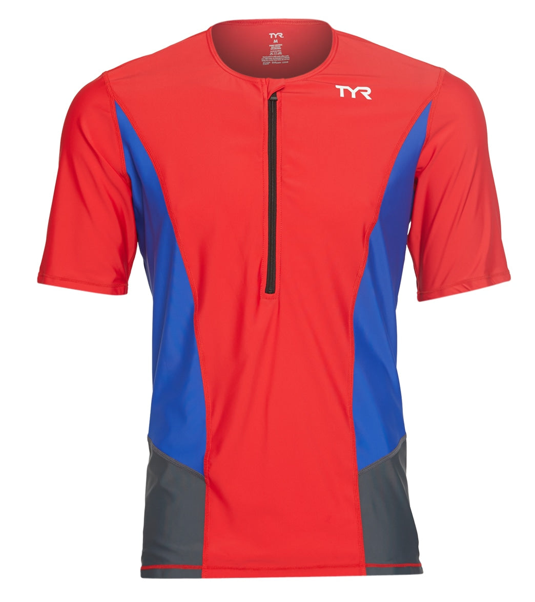TYR Men's Competitor Short Sleeve Top - Red/Blue/Grey Medium Size Medium - Swimoutlet.com
