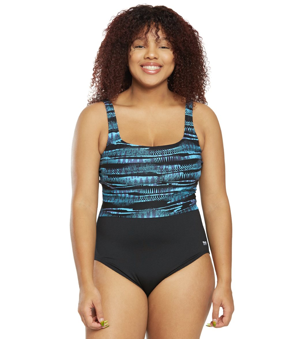 TYR Women's Plus Size Byron Bay Scoop Neck Controlfit One Piece Swimsuit - Black/Blue 20W Polyester/Spandex - Swimoutlet.com