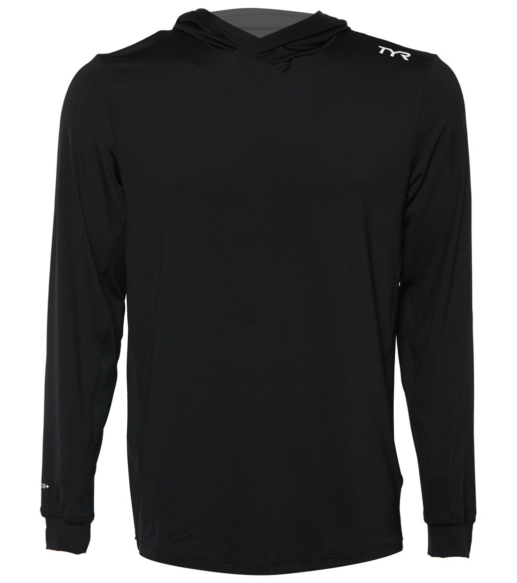 TYR Men's Long Sleeve Solid Hoodie Rashguard Shirt - Black Medium Size Medium - Swimoutlet.com