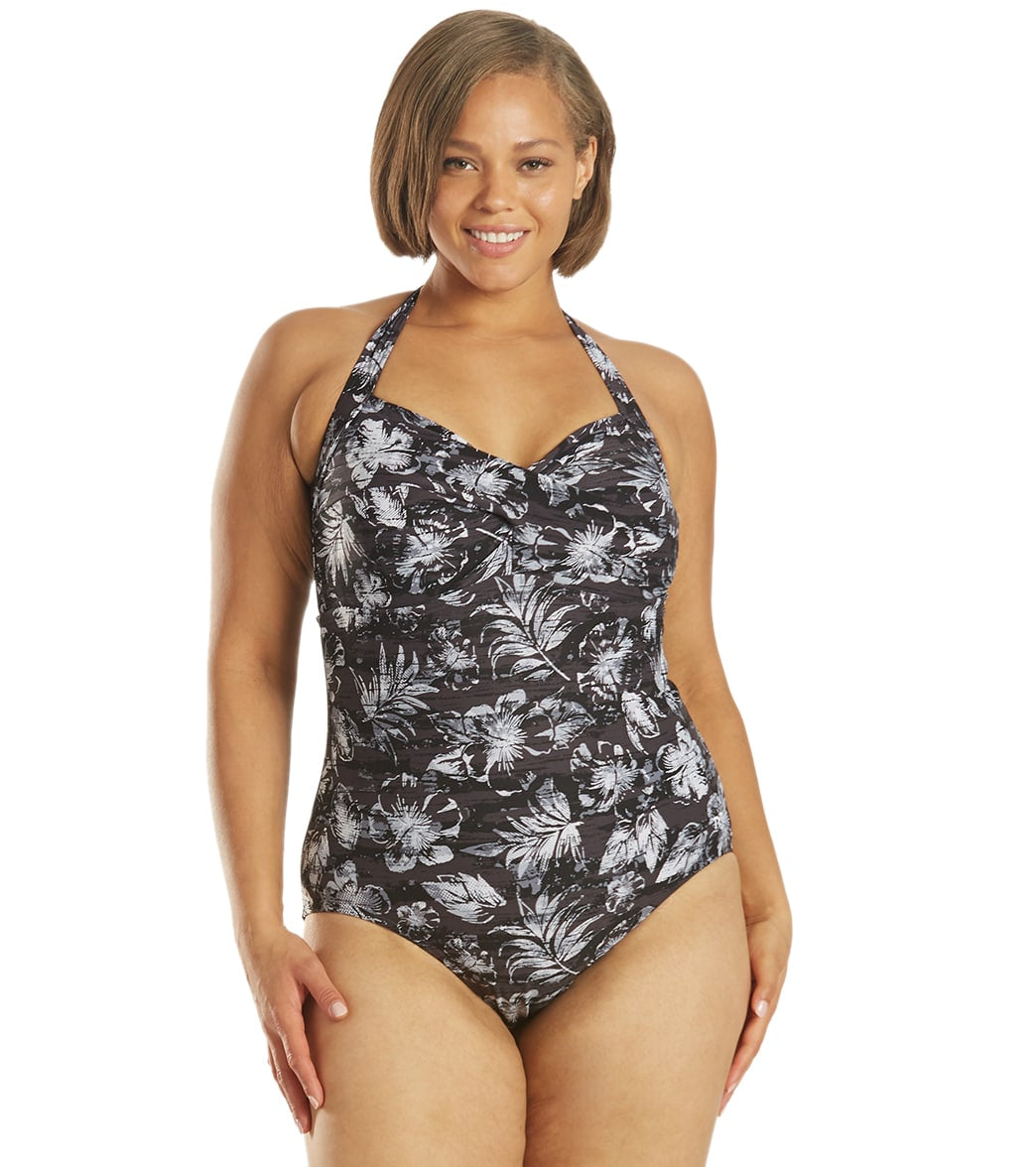 TYR Women's Plus Size Boca Twisted Bra Controlfit Chlorine Resistant One Piece Swimsuit - Black/Gray 20W Polyester/Spandex - Swimoutlet.com