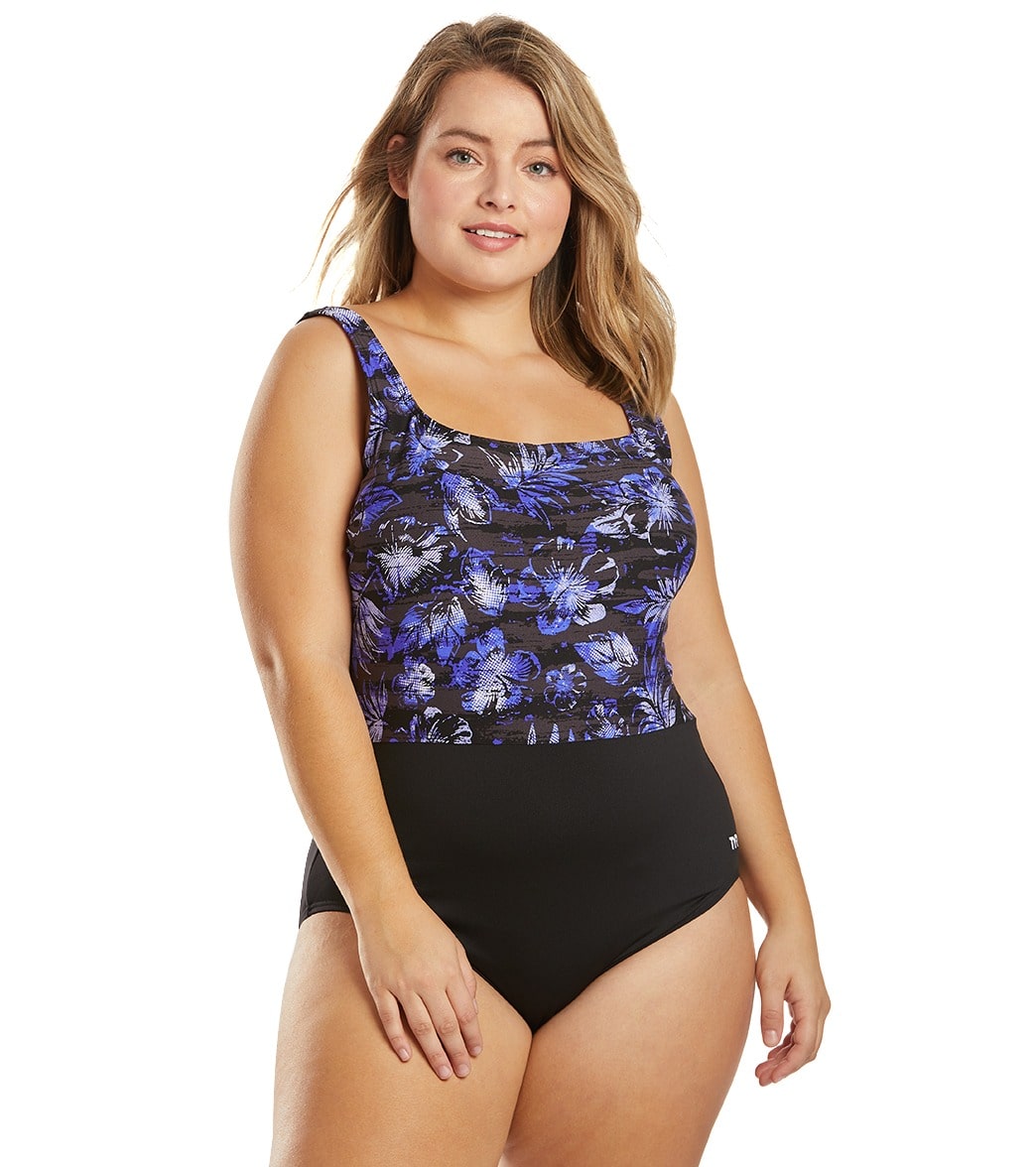 TYR Women's Plus Size Boca Scoop Neck Controlfit Chlorine Resistant One Piece Swimsuit - Black/Blue 24 Polyester/Spandex - Swimoutlet.com