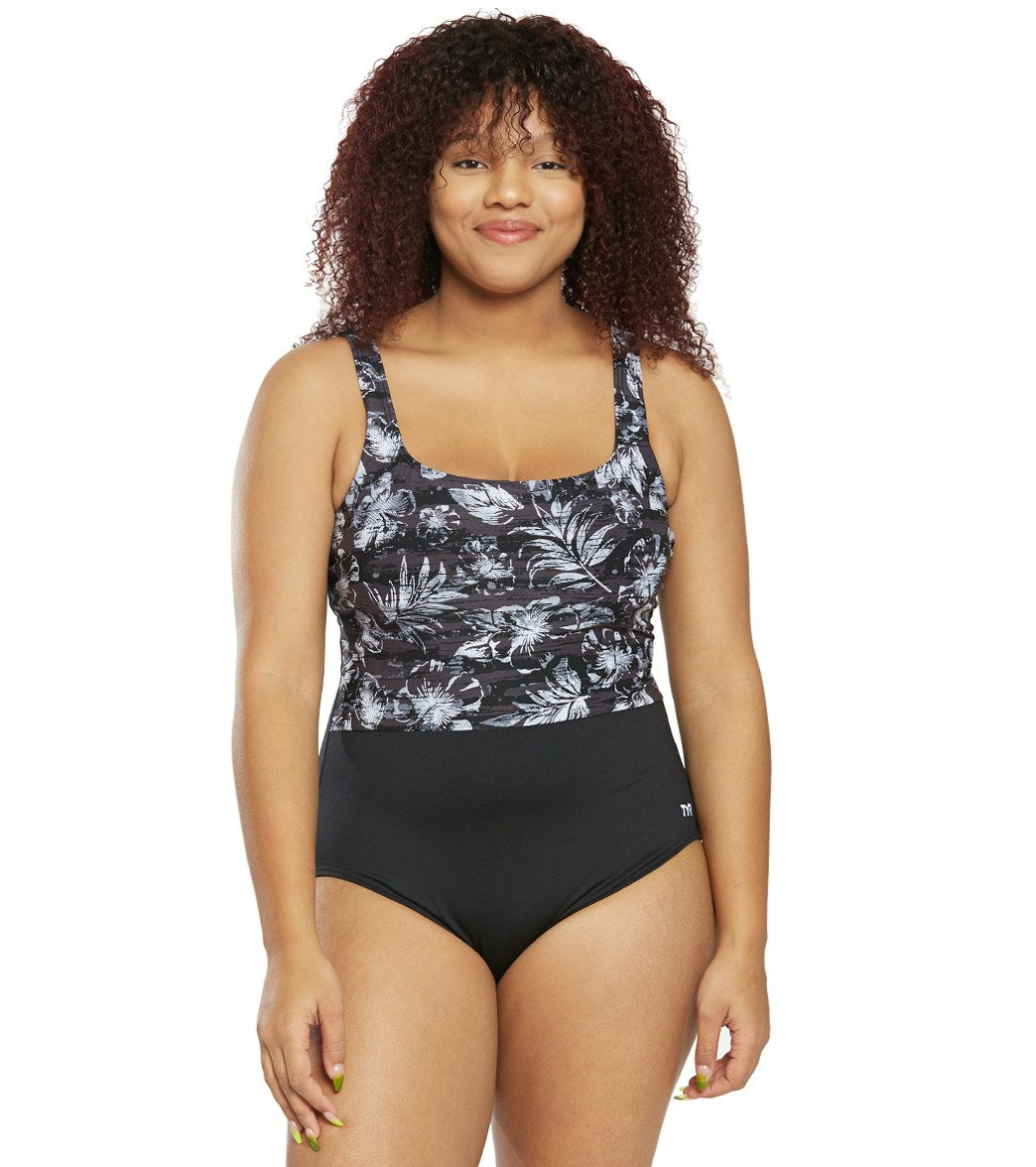 TYR Women's Plus Size Boca Scoop Neck Controlfit Chlorine Resistant One Piece Swimsuit - Black/Gray 22W Polyester/Spandex - Swimoutlet.com