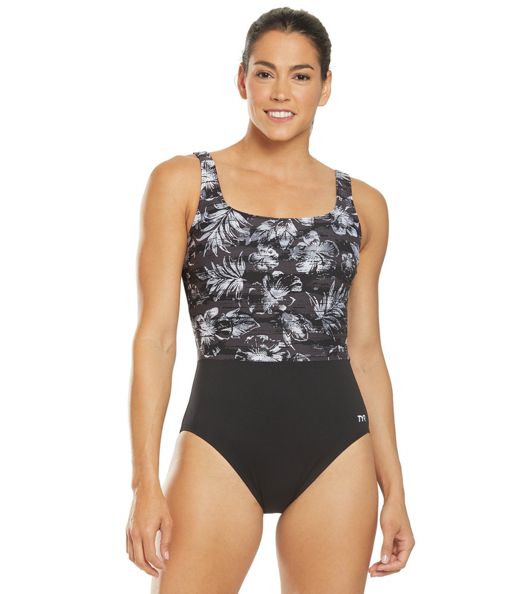 TYR Women's Boca Scoop Neck Controlfit Chlorine Resistant One Piece Swimsuit - Black/Gray 6 Polyester/Spandex - Swimoutlet.com