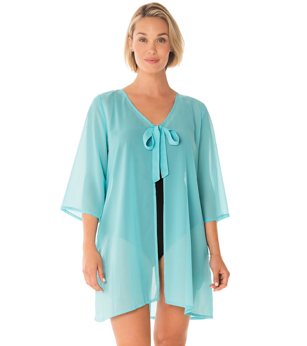 Penbrooke Take Cover Poly Georgette Tie Front Up Dress - Turquoise Small Polyester - Swimoutlet.com