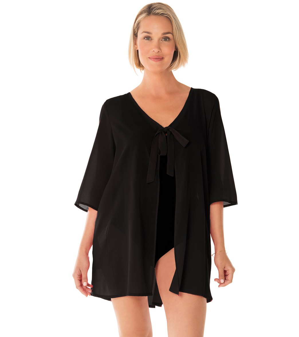 Penbrooke Take Cover Poly Georgette Tie Front Up Dress - Black Small Polyester - Swimoutlet.com