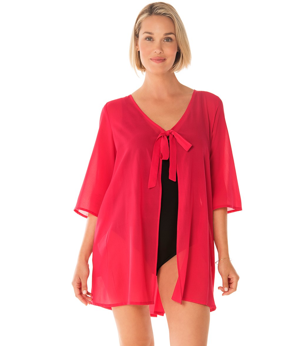 Penbrooke Take Cover Poly Georgette Tie Front Up Dress - Fuchsia Pink Medium Polyester - Swimoutlet.com