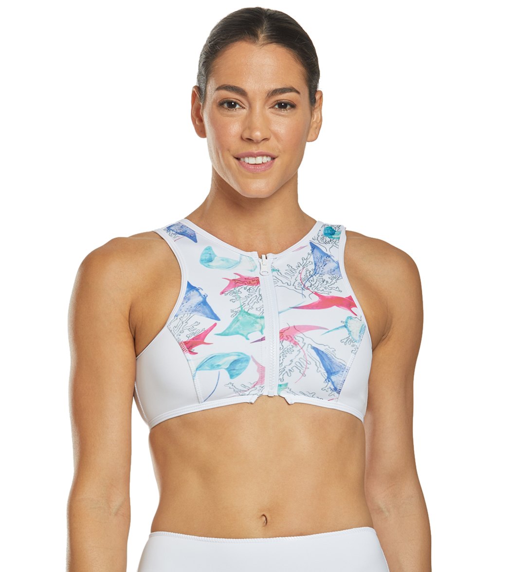 Akela Surf Crew Reversible High Neck Zip Up Bikini Top - White Large - Swimoutlet.com