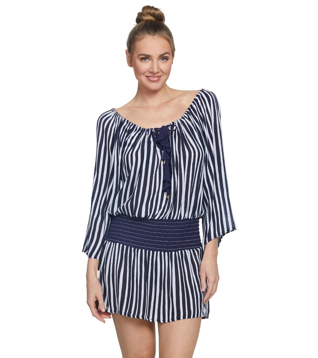 Anne Cole Don't Smock Me Smocked Cover Up Tunic - Navy White Medium - Swimoutlet.com