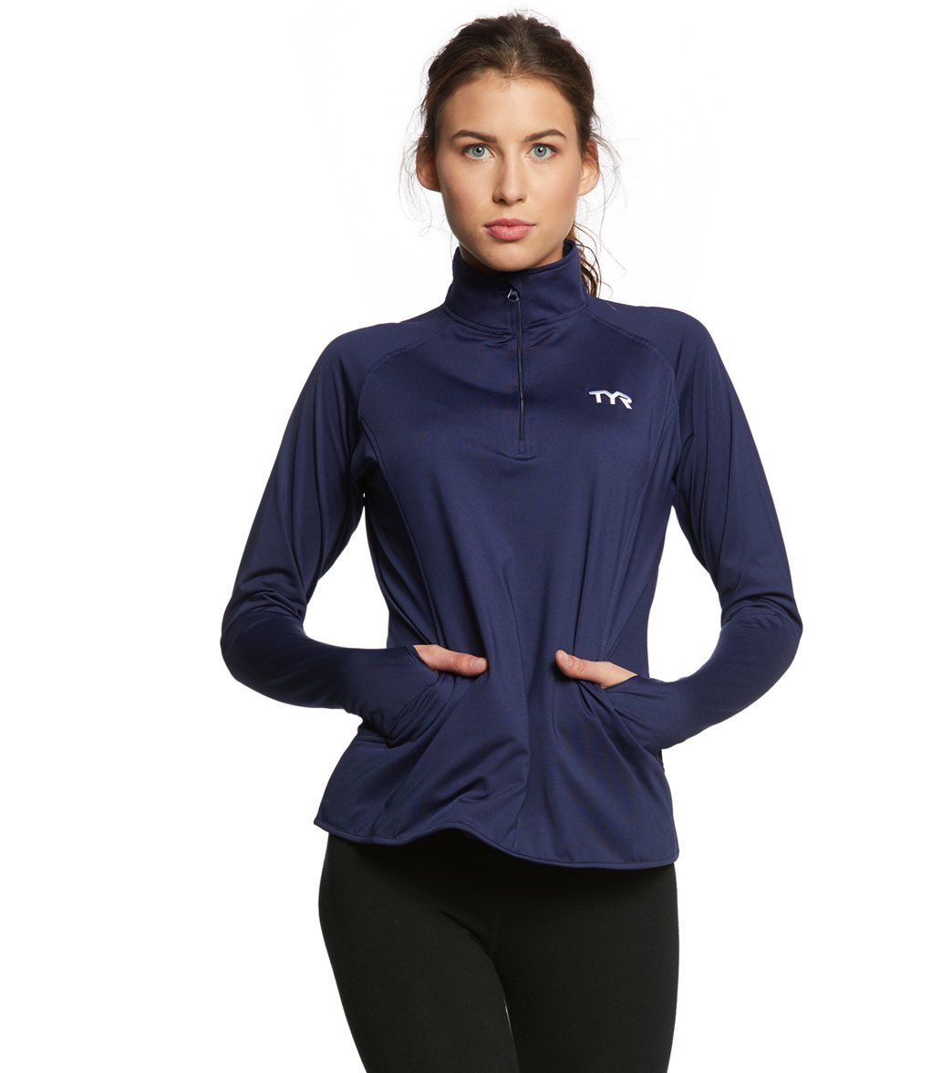 TYR Women's Alliance 1/4 Zip Pullover Warm Up Jacket - Navy Medium Polyester/Spandex - Swimoutlet.com