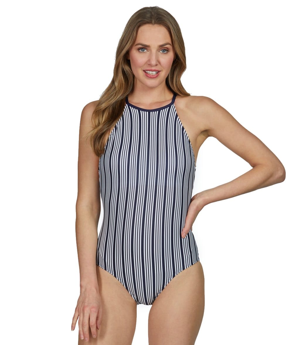 Nautica Dock Lines High Neck One Piece Swimsuit - Cool Medium - Swimoutlet.com