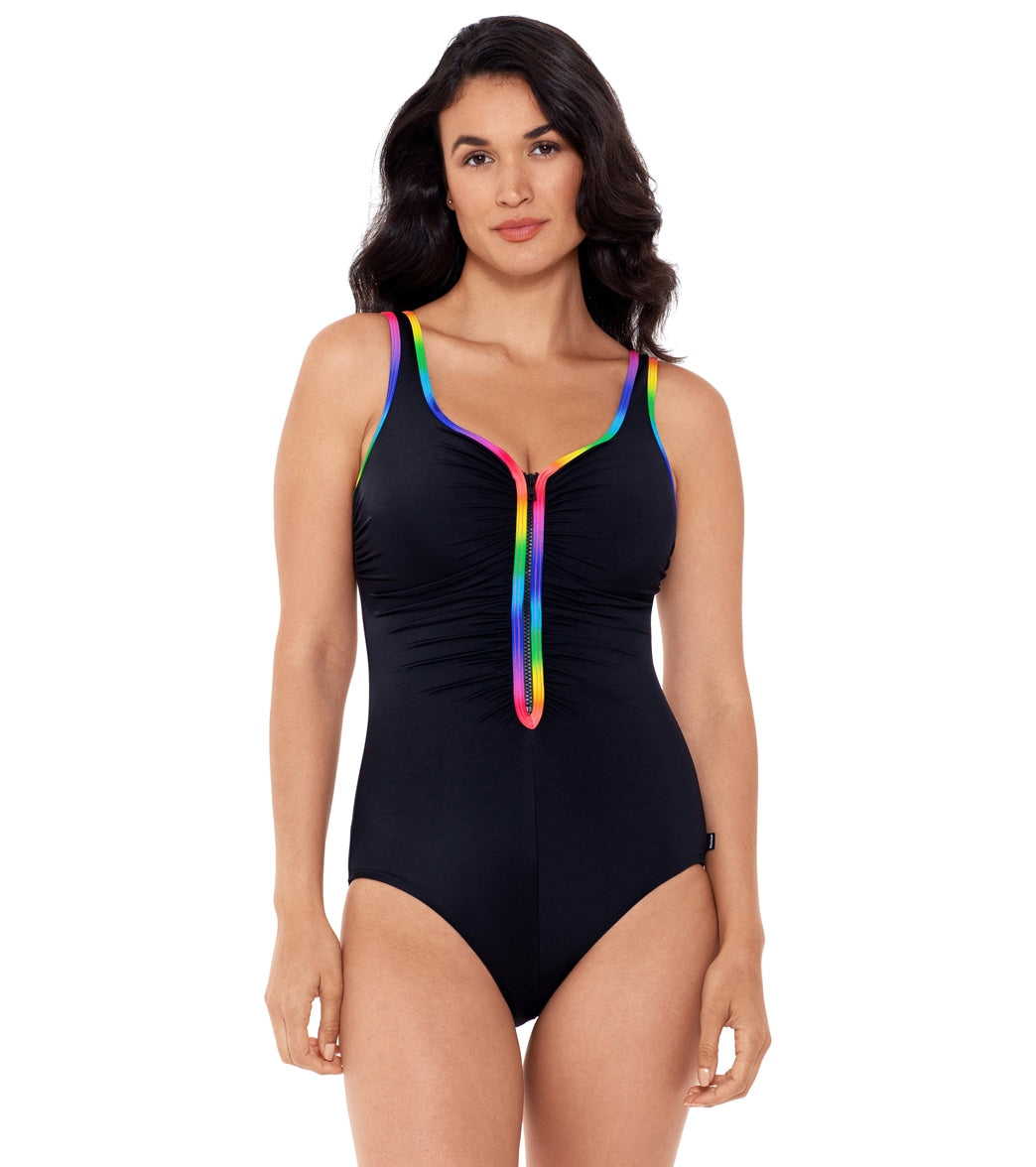 Reebok Women's Sunglow Zip Front Chlorine Resistant One Piece Swimsuit - Multi 12 - Swimoutlet.com