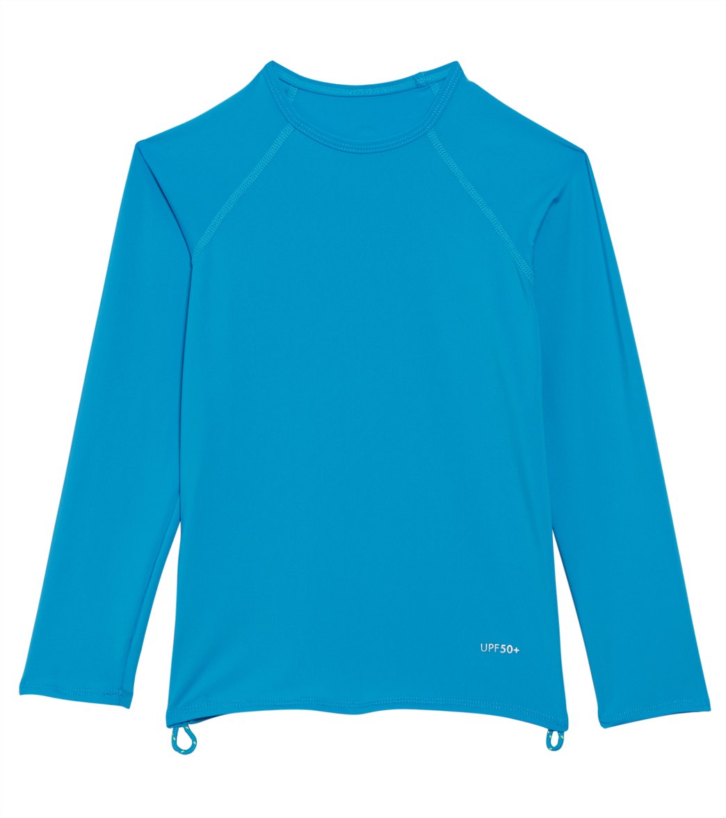 TYR Girls' Solid Belize Long Sleeve Shirt Rashguard - Turquoise Large 10/12 Polyester/Spandex - Swimoutlet.com