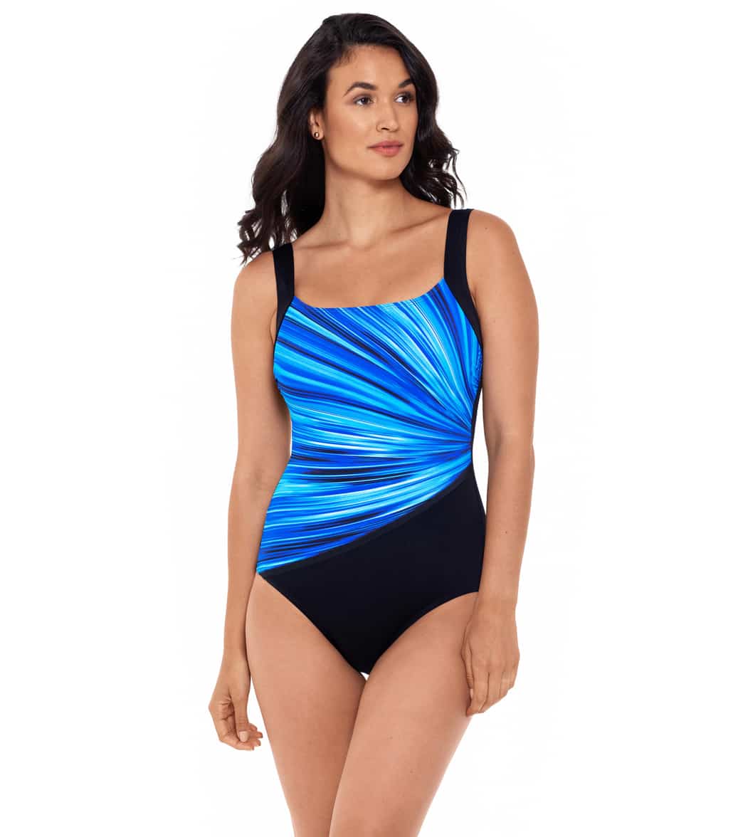 Reebok Women's Radiant Energy Chlorine Resistant One Piece Swimsuit - Blue/Black 8 - Swimoutlet.com
