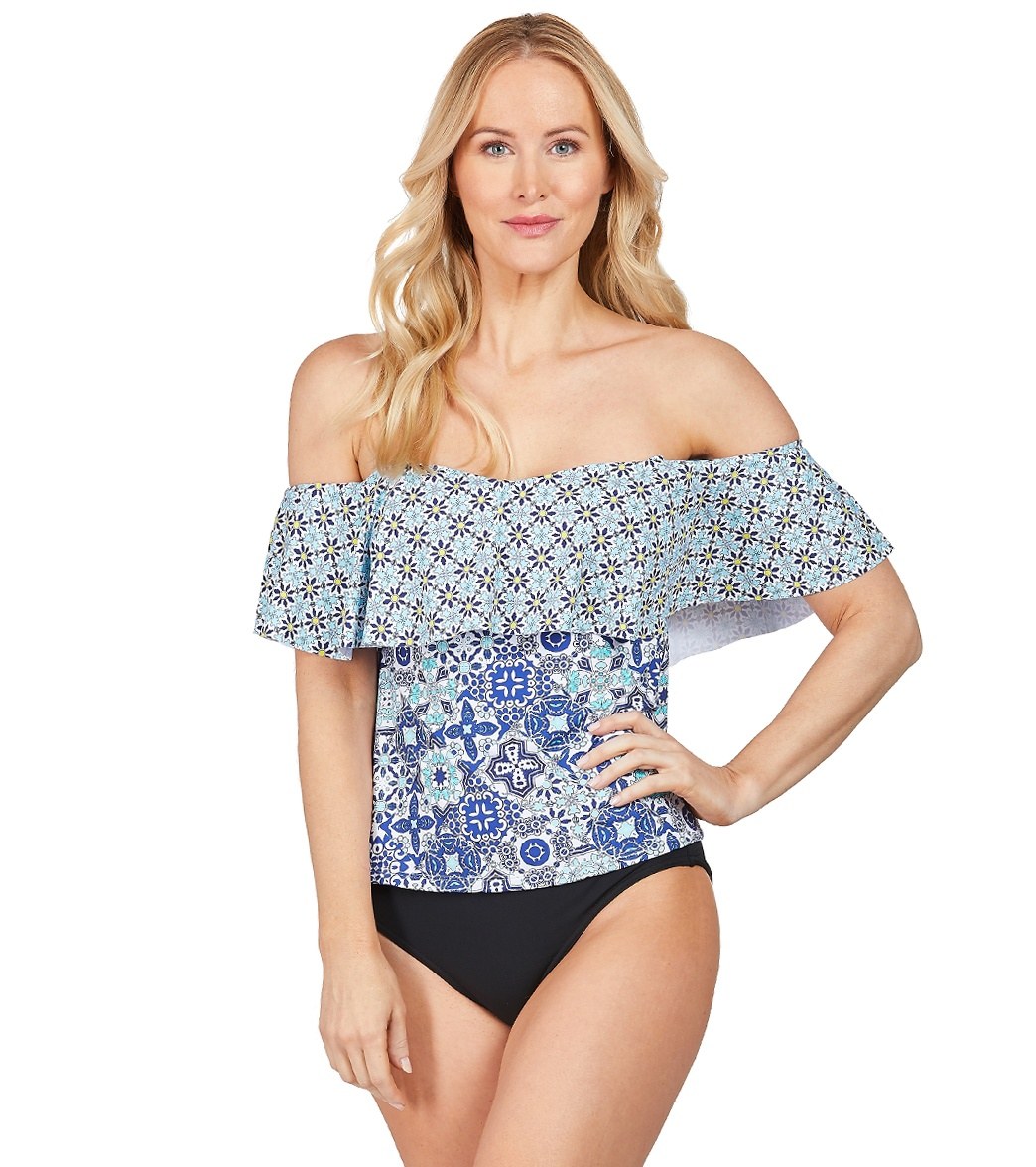 24Th & Ocean Stain Glass Mosaic Off The Shoulder Tankini Top - Navy Small - Swimoutlet.com