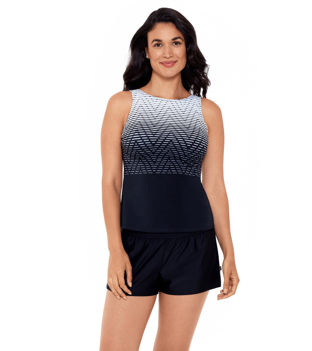 Reebok Women's Endless Endurance High Neck Chlorine Resistant Tankini - Black/White 12 - Swimoutlet.com