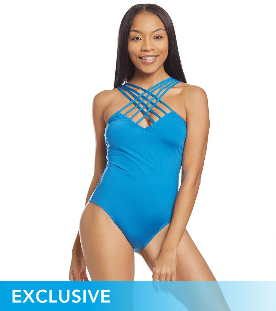 Kenneth Cole Sexy Solid Strappy Neck One Piece Swimsuit - Ocean Medium - Swimoutlet.com