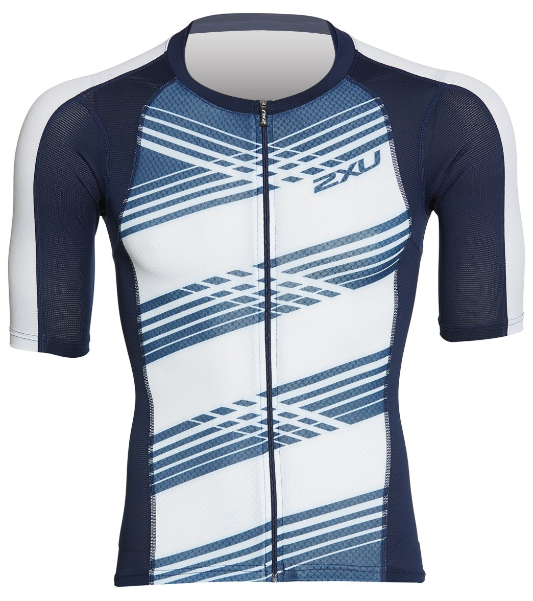 2Xu Men's Compression Sleeved Tri Top - Navy/Navy White Lines Large - Swimoutlet.com