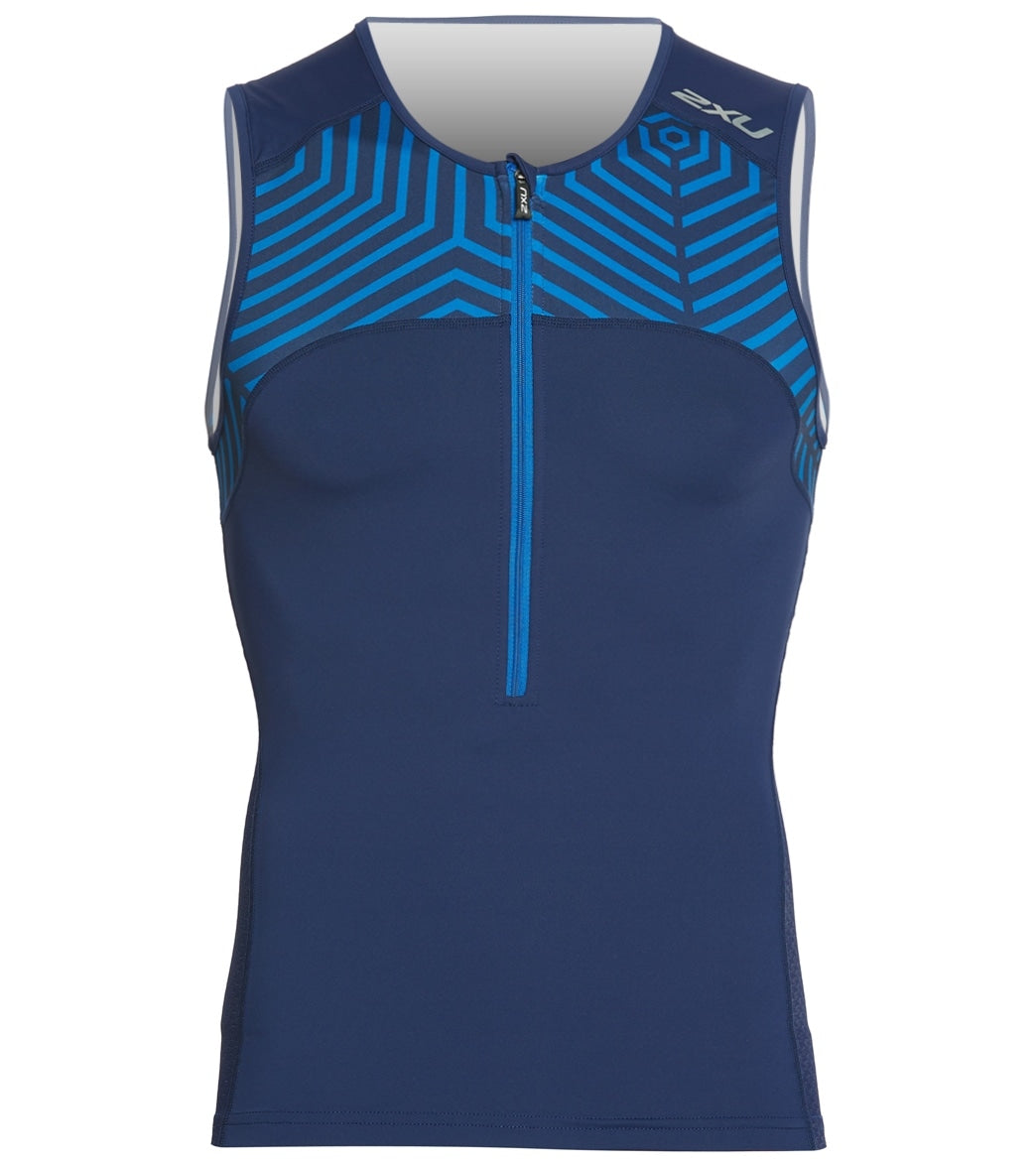 2Xu Men's Active Tri Singlet - Navy/Lapis Blue Print Large Vest - Swimoutlet.com