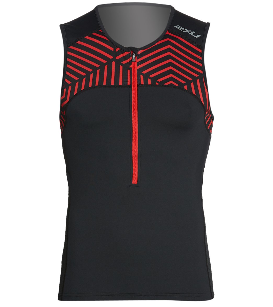 2Xu Men's Active Tri Singlet - Black/Flame Scarlet Print Small Vest - Swimoutlet.com