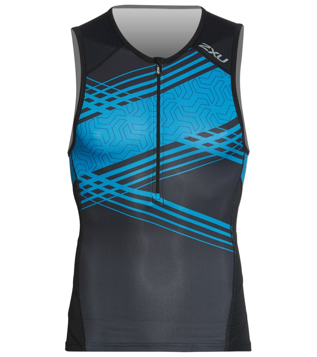 2Xu Men's Perform Tri Singlet - Black/Signal Blue Print Small Vest - Swimoutlet.com