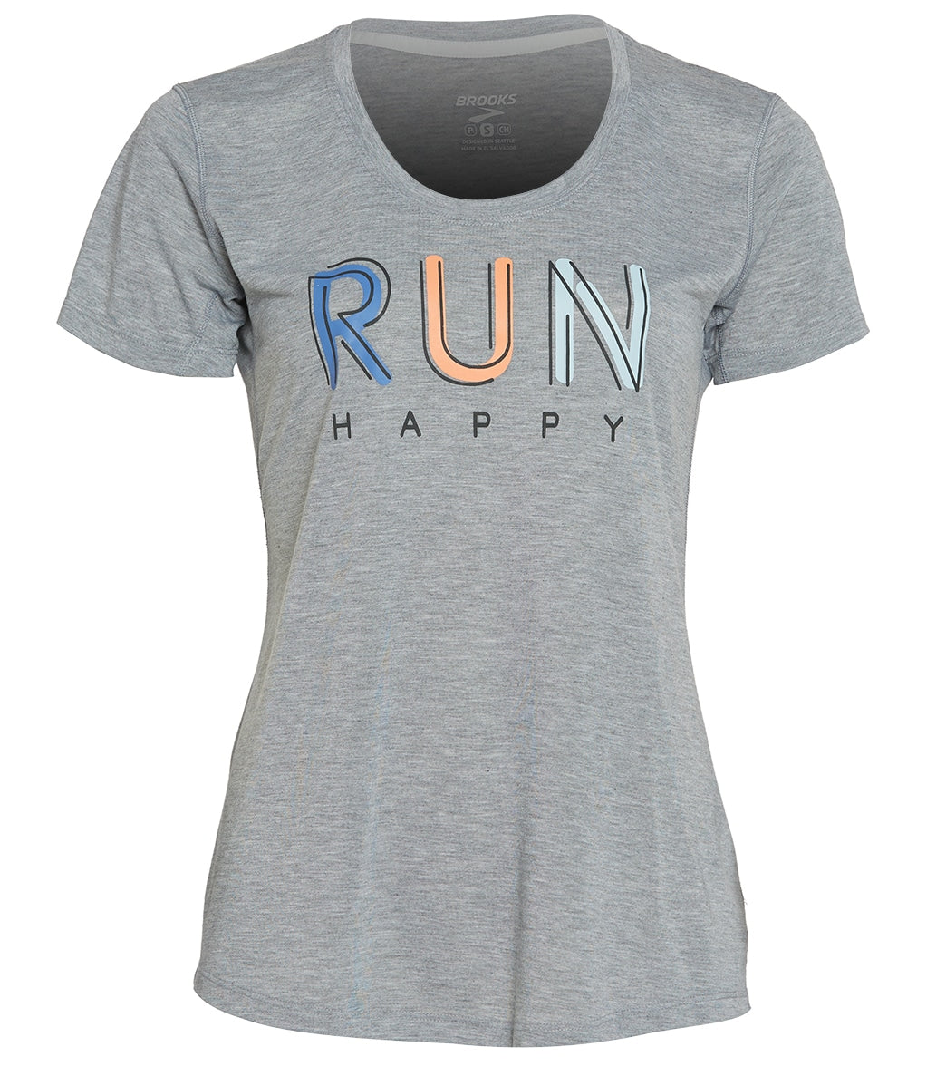Brooks Women's Distance Graphic Tee Shirt - Heather Ash/Multi Run Xs Size X-Small - Swimoutlet.com