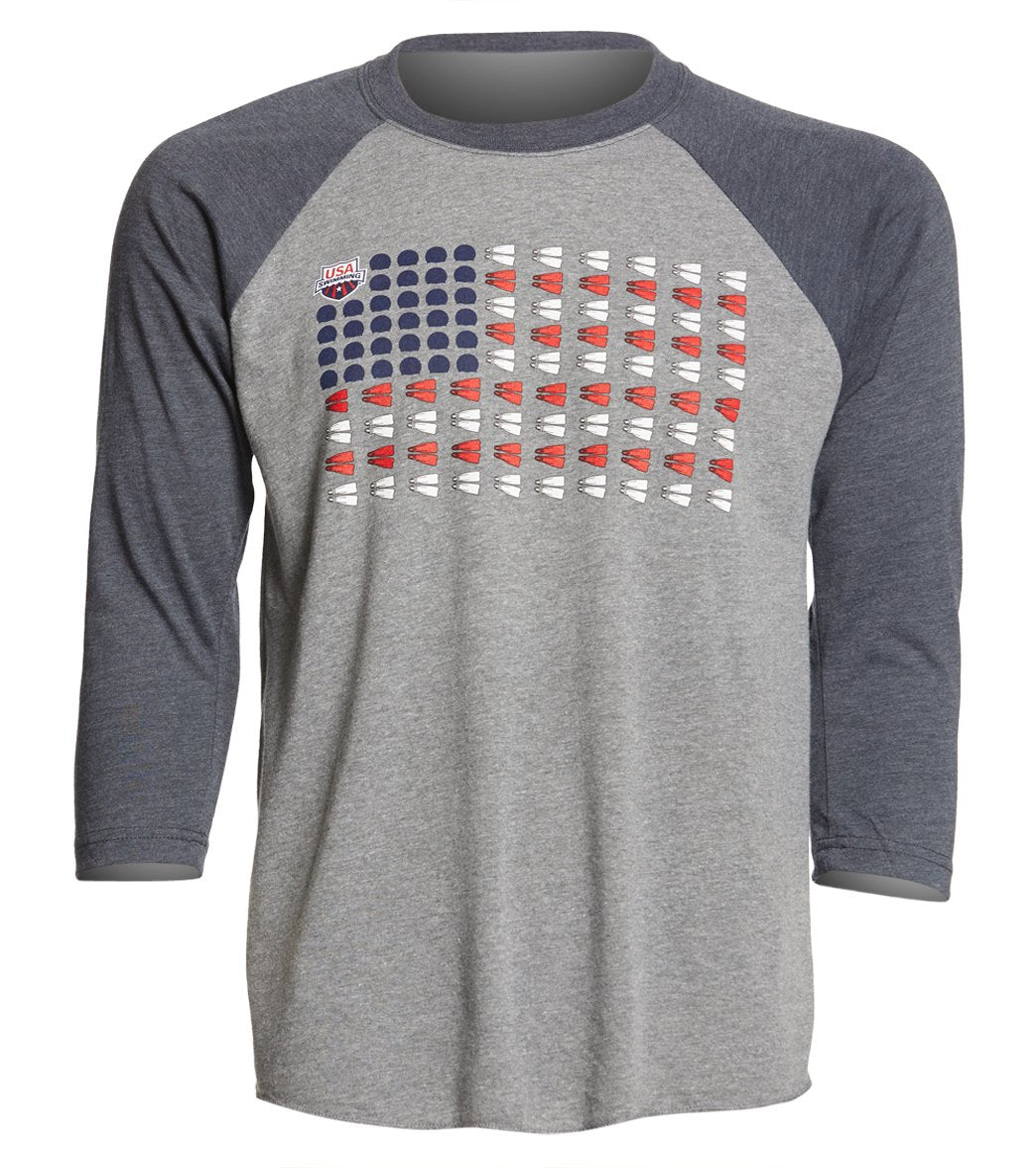 Usa Swimming Men's Caps And Fins Raglan T-Shirt - Vintage Navy/Heather Grey Small Cotton/Polyester/Rayon - Swimoutlet.com