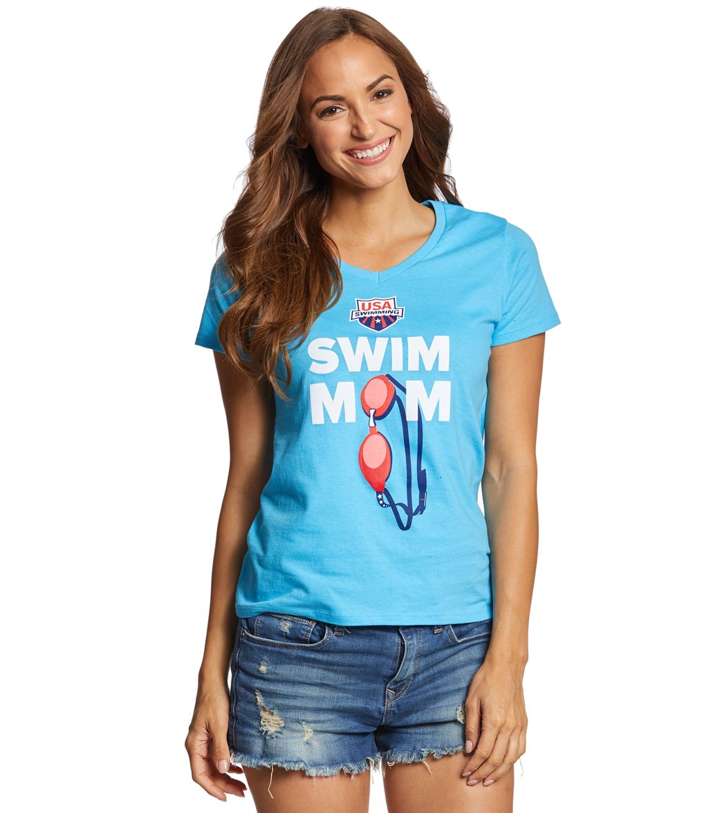 Usa Swimming Women's Swim Mom V-Neck T-Shirt - Aquatic Blue Large Cotton - Swimoutlet.com