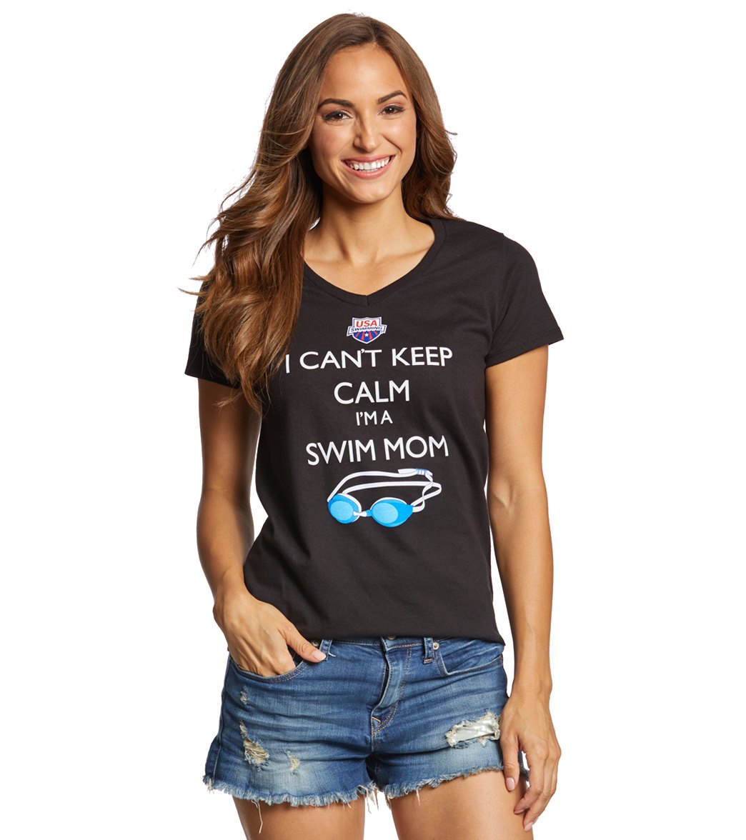 Usa Swimming Women's Can't Keep Calm Swim Mom V-Neck T-Shirt - Black Large Cotton/Polyester - Swimoutlet.com