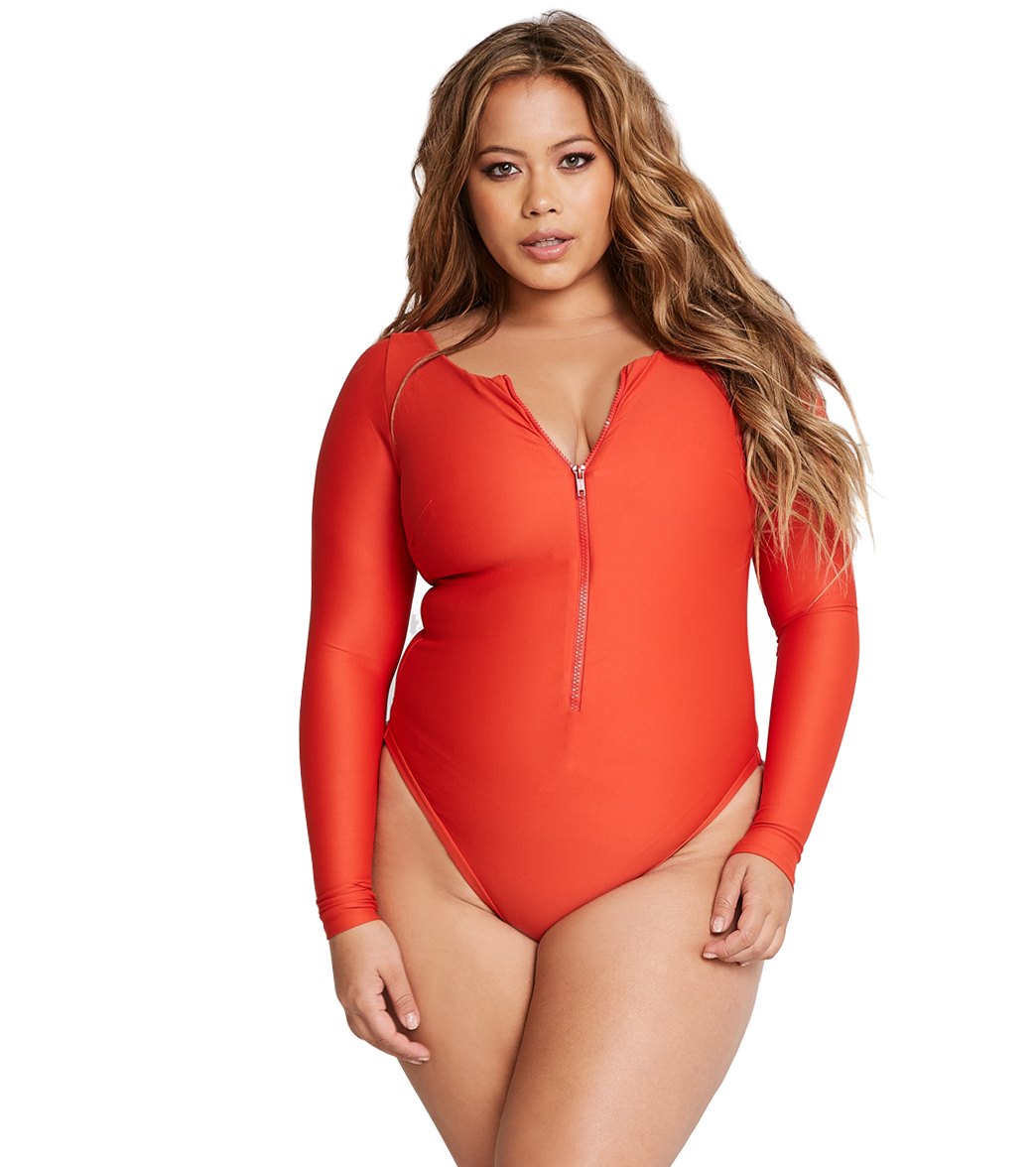 Alpine Butterfly Plus Size Marseille Long Sleeve Shirt One Piece Swimsuit - Rose Red Xl - Swimoutlet.com