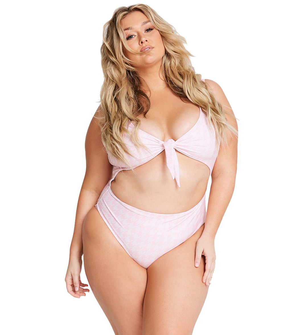 Alpine Butterfly Plus Size Pink Houndstooth Riviera One Piece Swimsuit - 3X - Swimoutlet.com