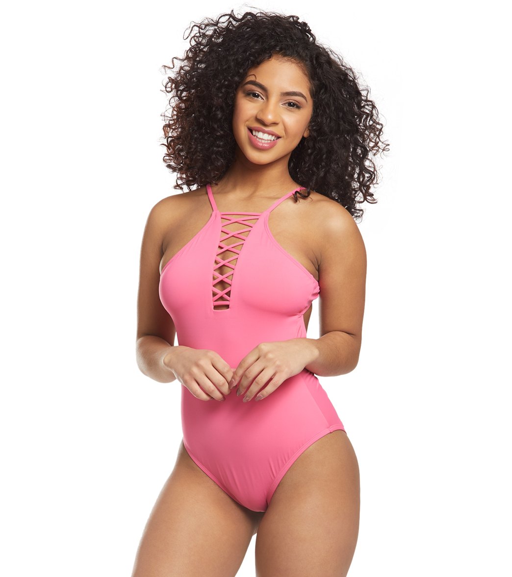 Hobie Solid One Piece Swimsuit - Bright Pink Medium - Swimoutlet.com